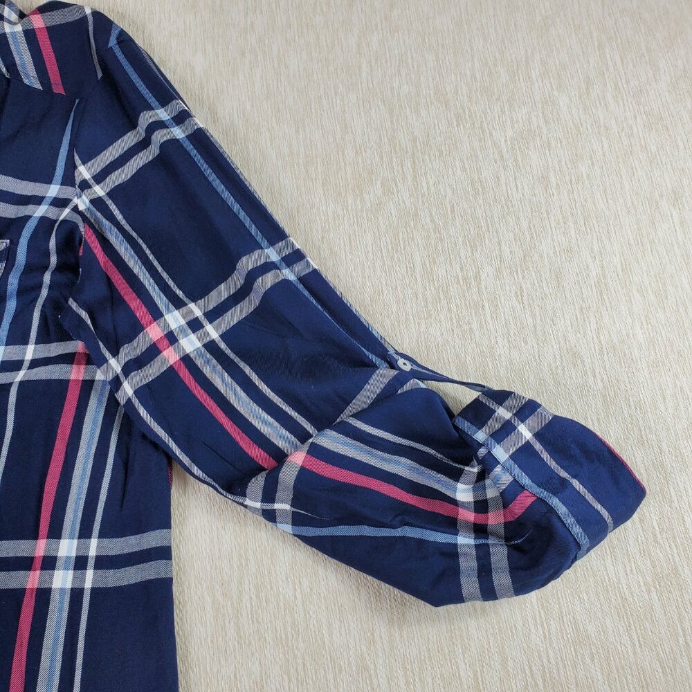 Motherhood maternity blue plaid dress large belted Roll Tab Sleeves pockets NWT - Picture 9 of 9